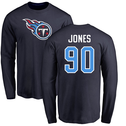 Tennessee Titans Men Navy Blue DaQuan Jones Name and Number Logo NFL Football #90 Long Sleeve T Shirt->tennessee titans->NFL Jersey
